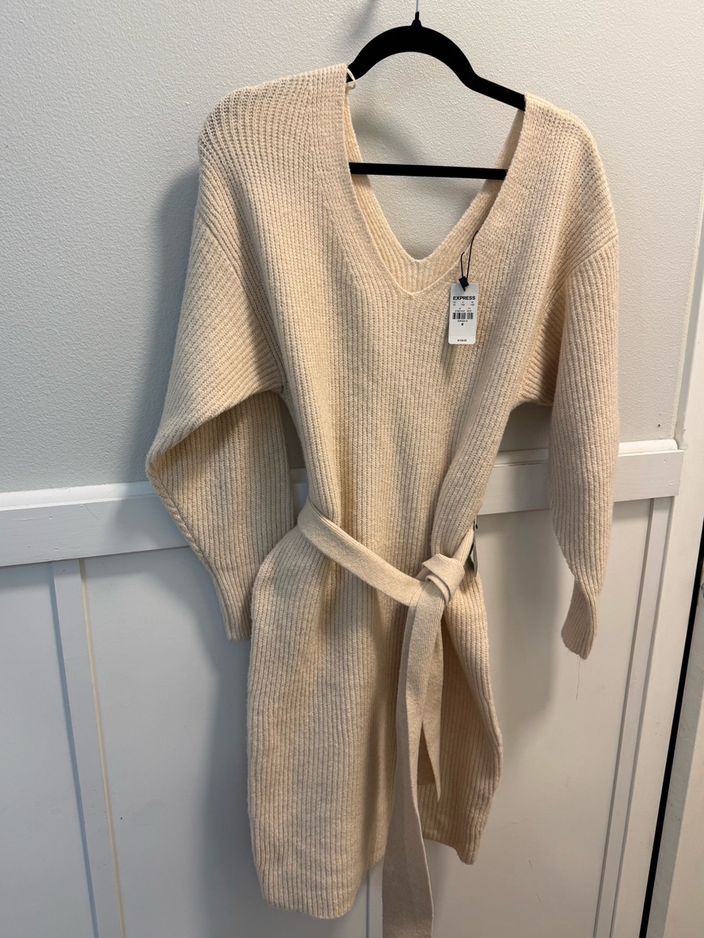 NWT Express Sweater Dress Cream Knit Tie Waist V Neck Size M